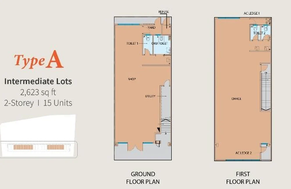Ellington 23 Type A floor plan: ground floor shop with utility and toilets, first floor office