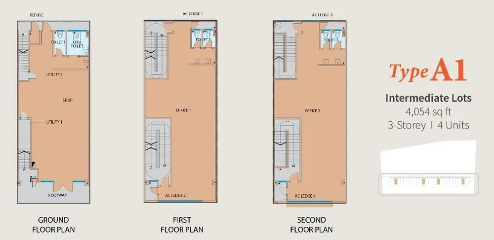 Ellington 23 Type A1 floor plan: ground floor shop, first and second floor offices