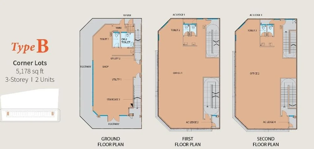 Ellington 23 Type B corner lot floor plan across three storeys