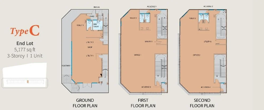 Ellington 23 Type C end lot floor plan across three storeys