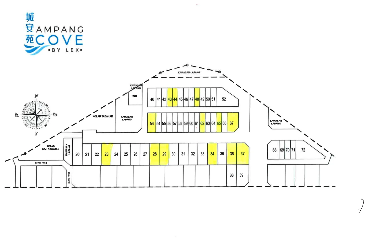 Ampang Cove site plan showing the terrace and semi-D lots, open space and the retention pond