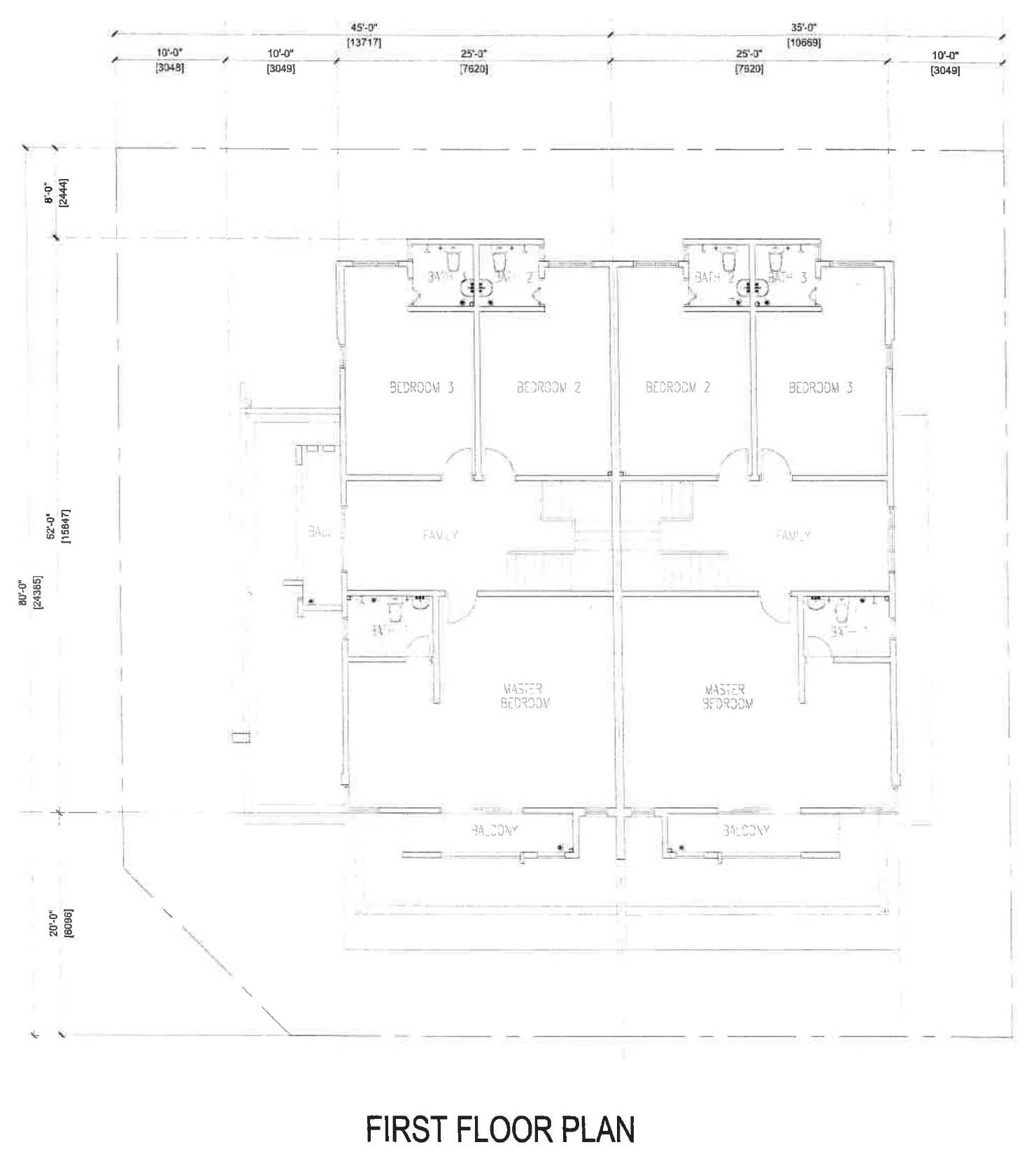 Ampang Cove double storey semi-D first floor plan: master bedroom with bath 1 and balcony, bedrooms 2 and 3 with baths, family area