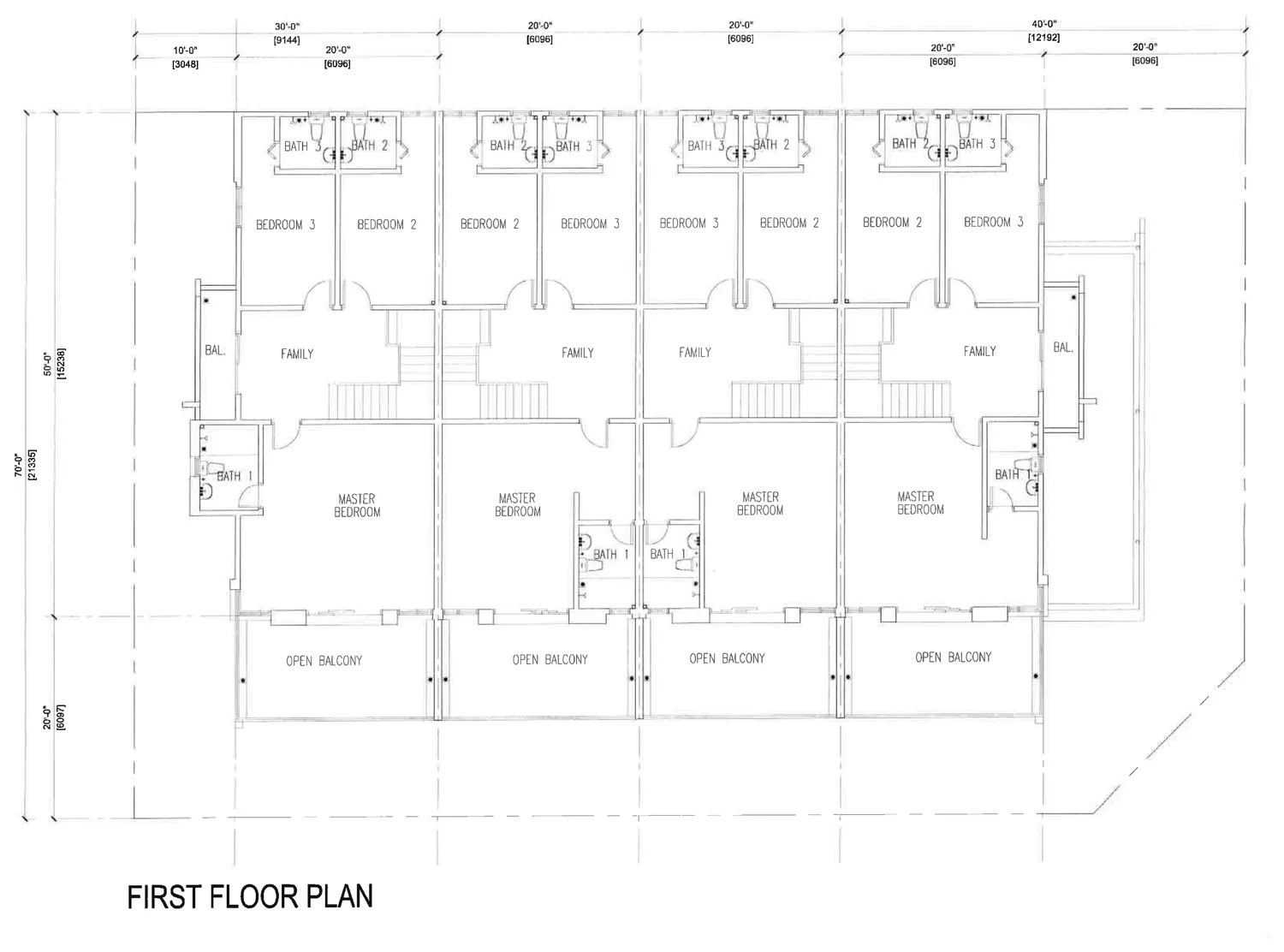 Ampang Cove double storey terrace first floor plan: master bedroom with bath 1 and open balcony, bedrooms 2 and 3 with baths 2 and 3, family area