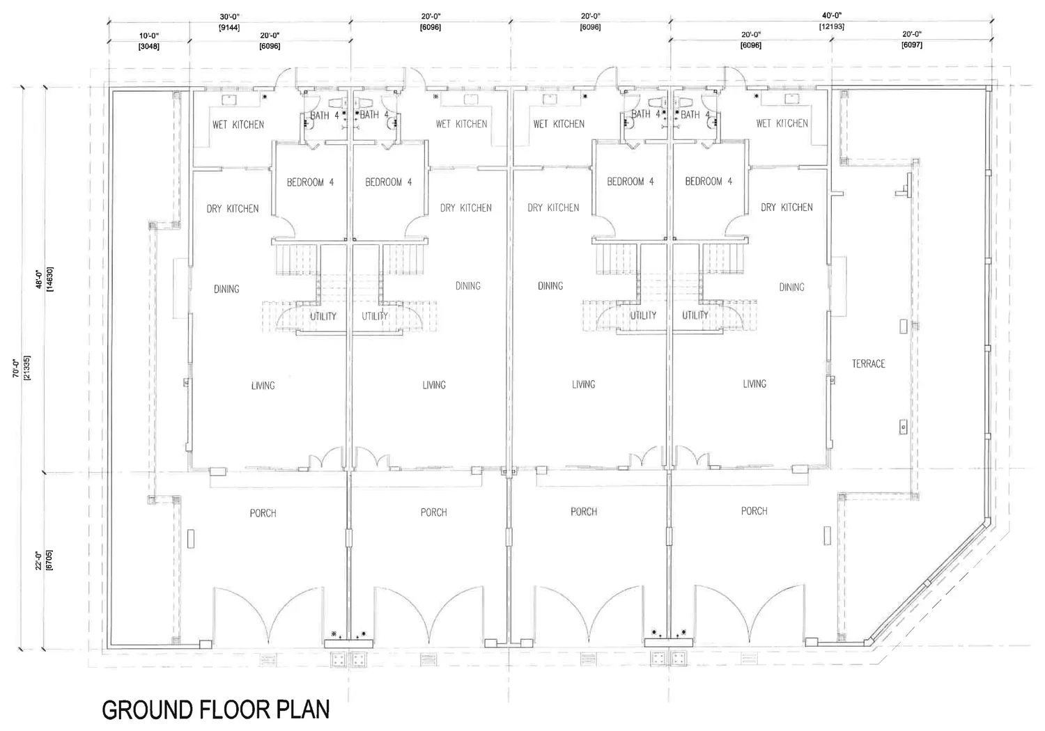 Ampang Cove double storey terrace ground floor plan: porch, living, dining, dry kitchen, wet kitchen, utility and bedroom 4 with bath 4