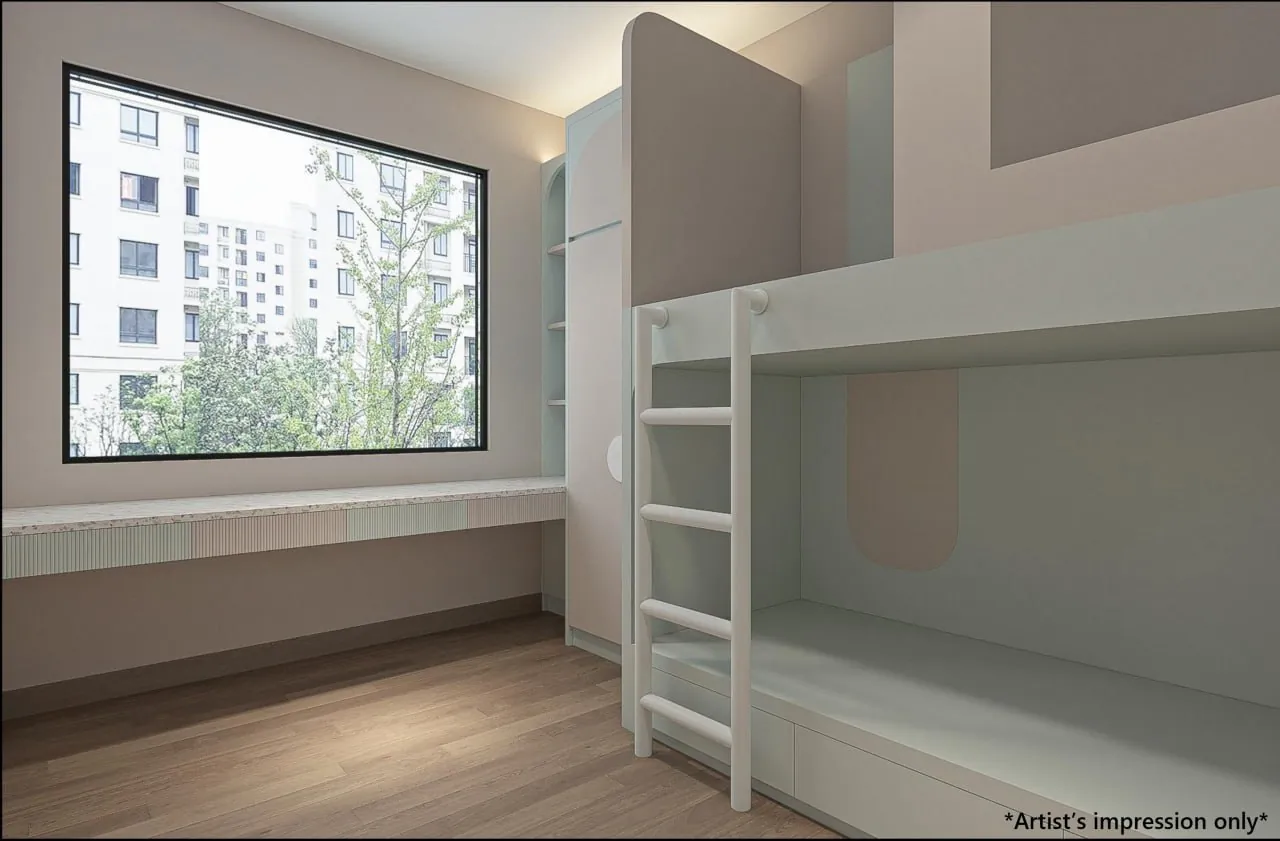 Design render of a Raffles 188 bedroom with built-in carpentry