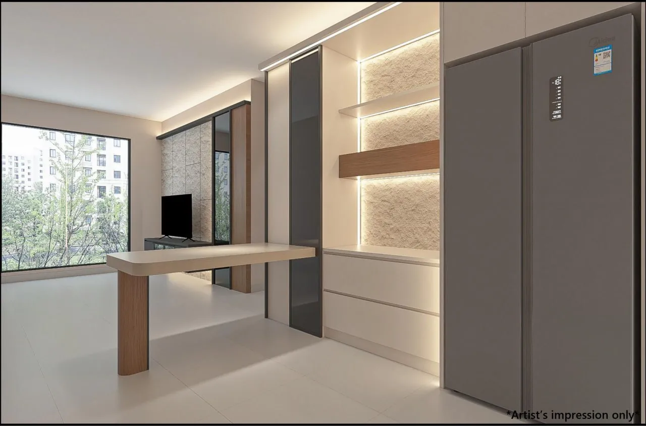 Design render of the Raffles 188 dining area with a built-in display cabinet