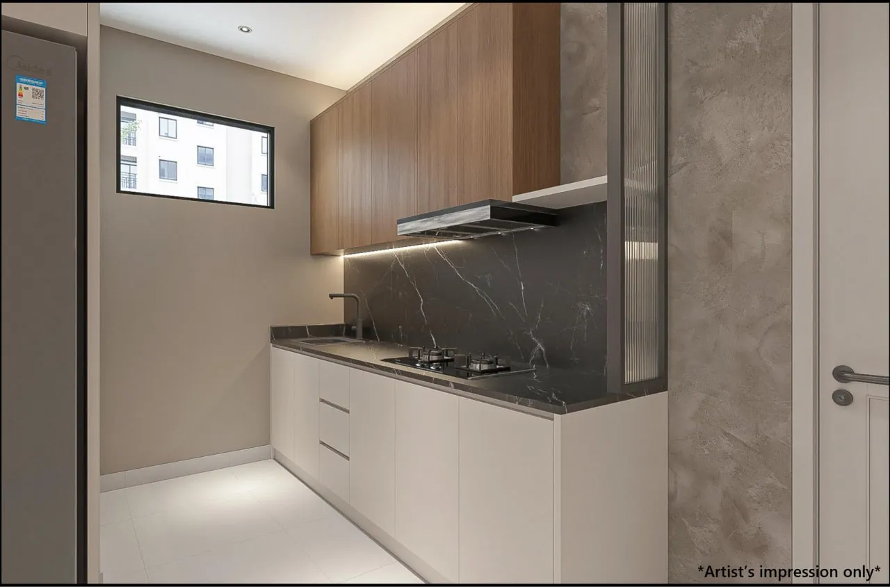 Design render of the Raffles 188 kitchen with built-in upper and lower cabinets