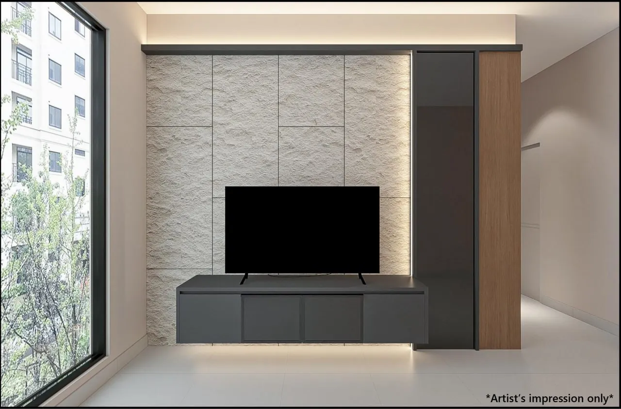 Design render of the Raffles 188 living room with a built-in TV cabinet and tall storage