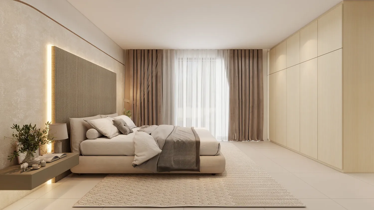 Bedroom render showing the full-height built-in wardrobe included in the Klemeru semi-furnished package
