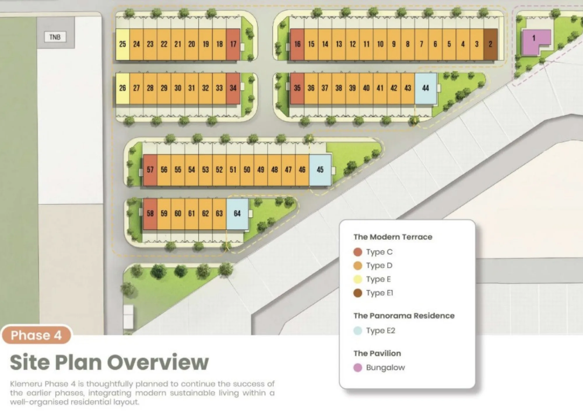Klemeru 4 Phase 4 site plan showing the Modern Terrace, Panorama Residence and Pavilion lots
