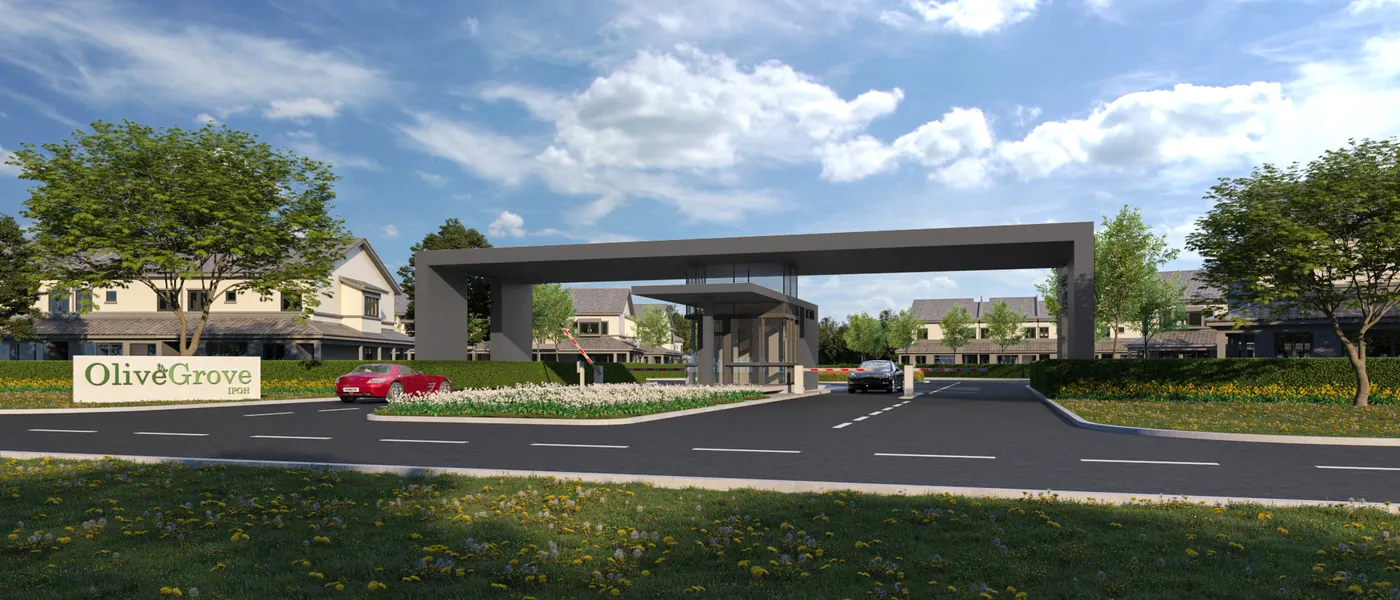 Guarded entrance and guard house at Olive Grove, developer rendering