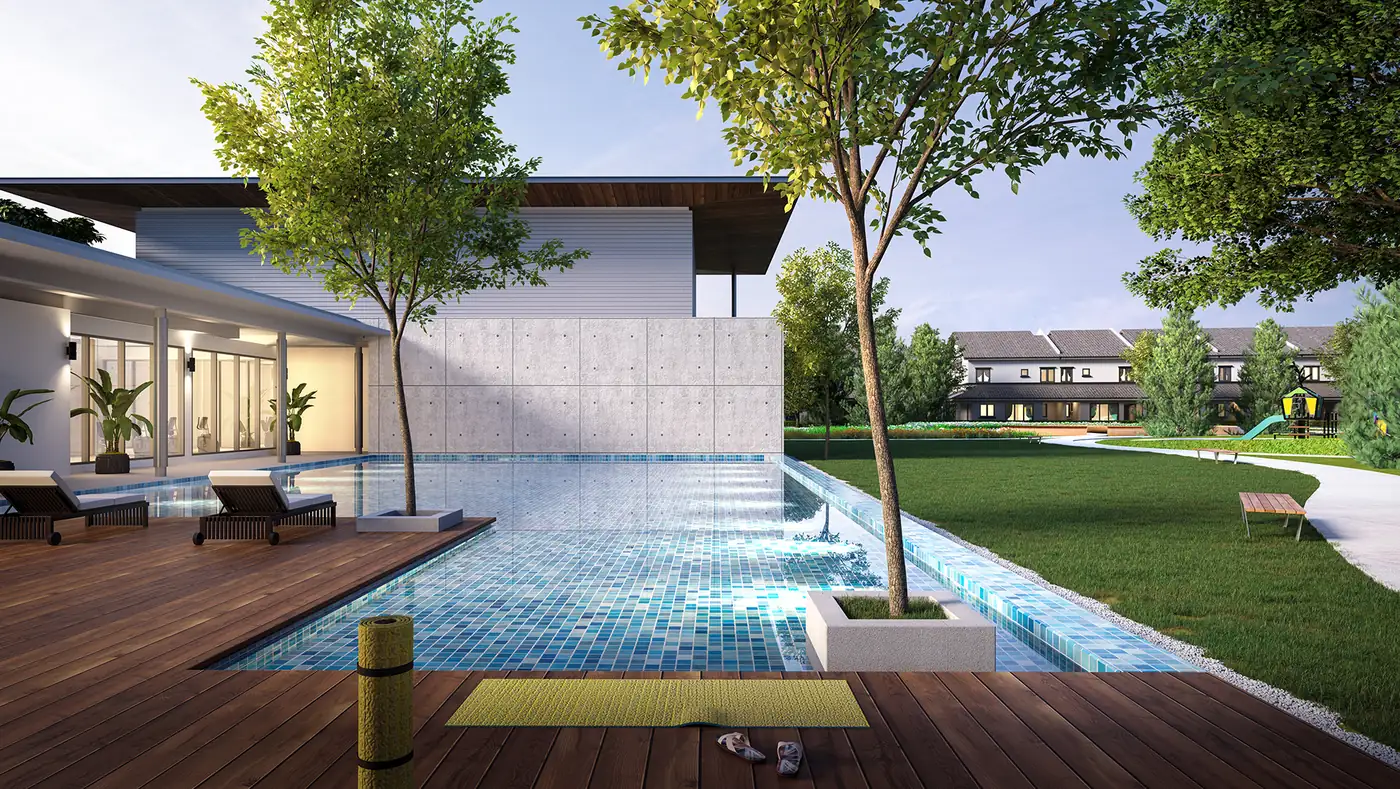 Clubhouse swimming pool at Olive Grove, developer rendering