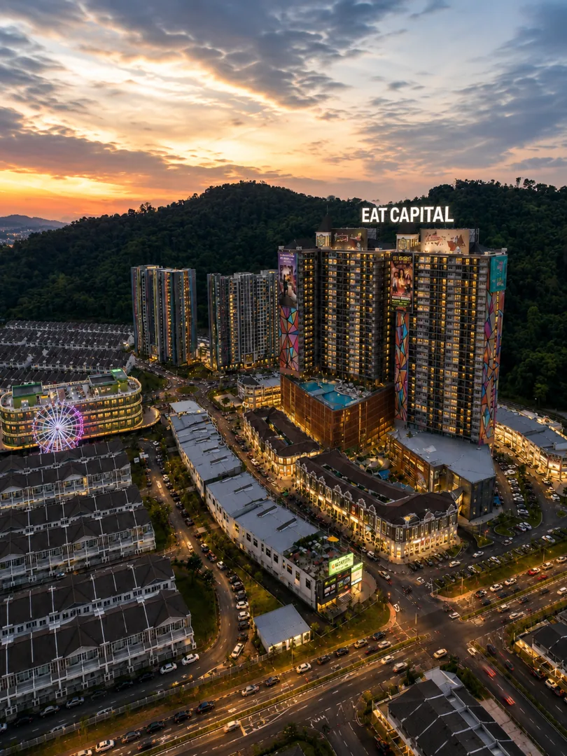 Urban FORResSSTss artist impression: aerial view of the commercial hub at dusk