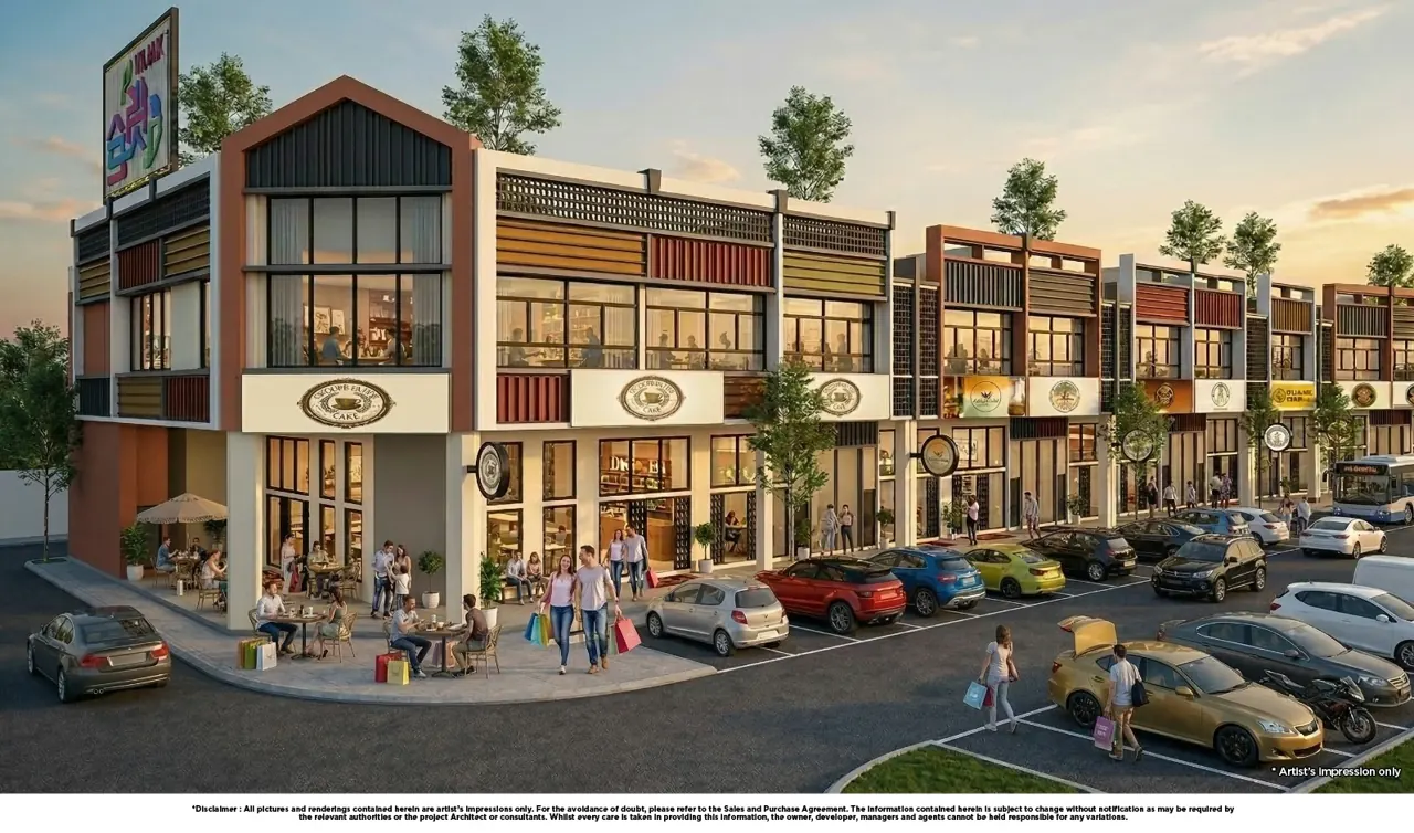 Urban FORResSSTss commercial hub artist impression: vibrant retail street with busy shopfronts