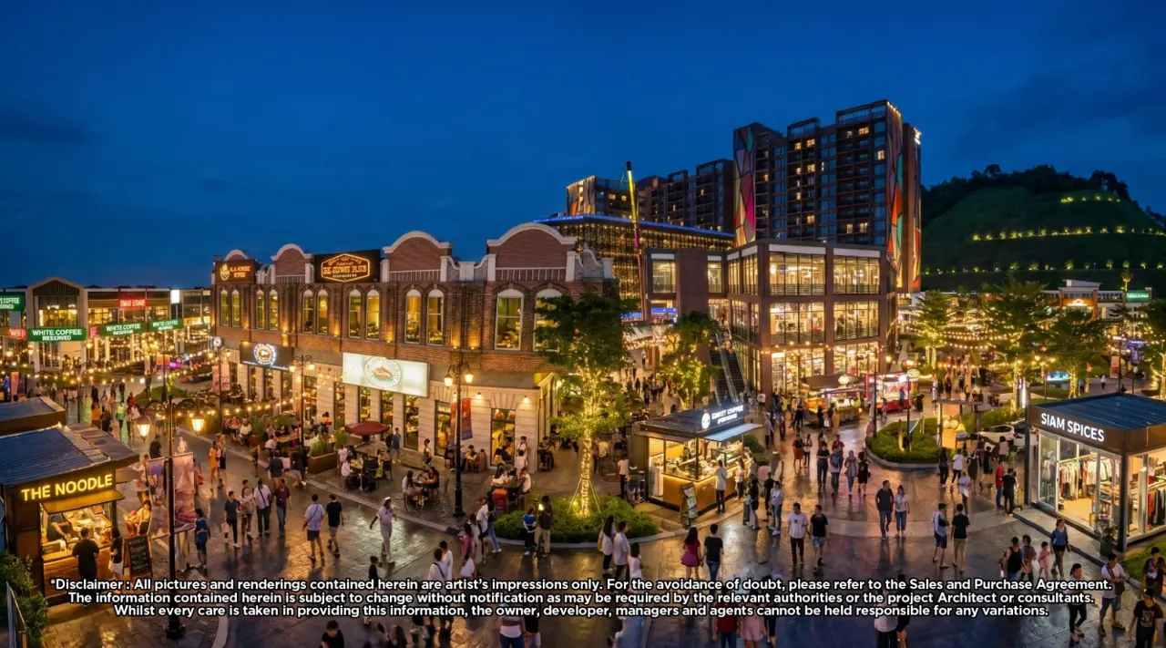 Urban FORResSSTss commercial hub artist impression: bustling streets filled with pedestrians