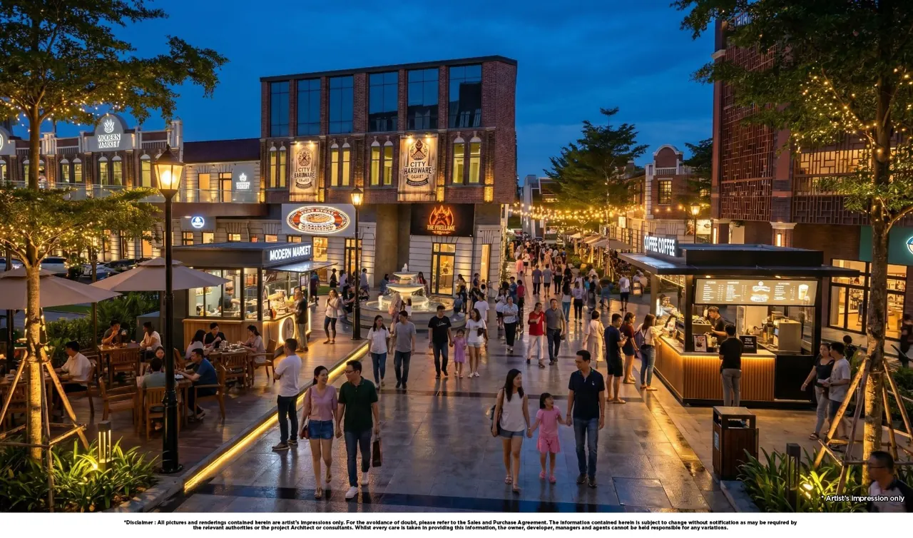 Urban FORResSSTss commercial hub artist impression: a lively boulevard at night, with open-air kiosks