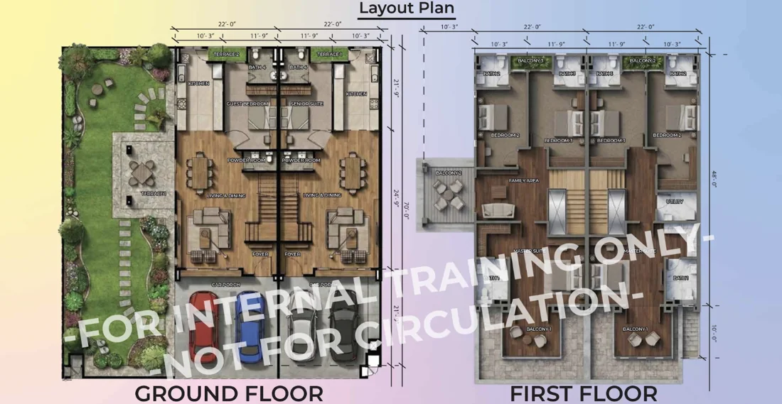 Urban FORResSSTss (GCA) floor plan — 22′ × 70′ lot. Ground floor with living and dining, kitchen, guest bedroom or senior suite with bath 4, powder room, terrace and car porch; first floor with master suite and bath 1, bedrooms 2 and 3, family area, utility and balconies.