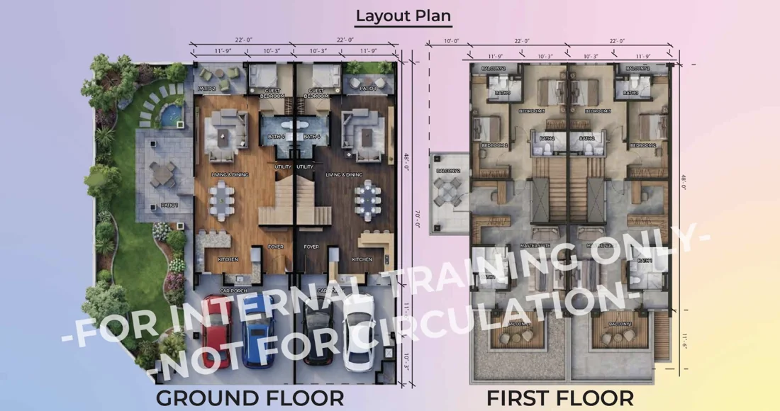 Urban FORResSSTss (GCB) floor plan &mdash; 22&prime; &times; 70&prime; lot. Ground floor with kitchen at the front beside the car porch, living and dining, guest bedroom and bath 4 at the back, utility and patios; first floor with master suite and bath 1, bedrooms 2 and 3, baths 2 and 3, and balconies.