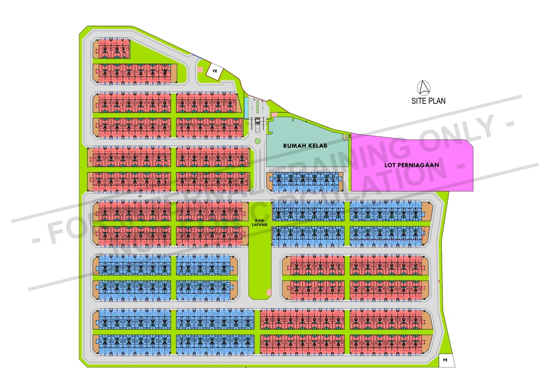 Urban FORResSSTss GCA and GCB site plan — every lot in the gated and guarded enclave, with the clubhouse (Rumah Kelab), the commercial lot (Lot Perniagaan), the open space (Kaw. Lapang) and the guarded entrance